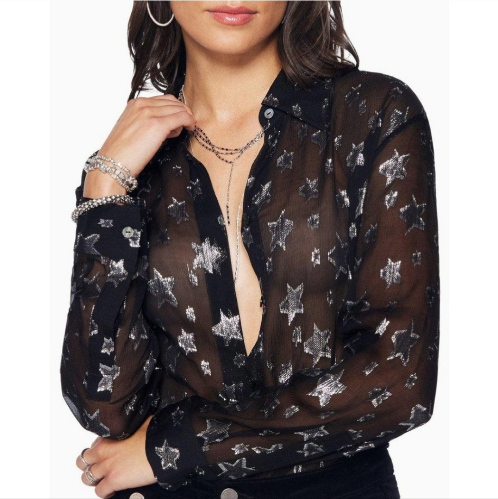 Ramy Brook Tiffany Metallic Silk Star Black Silver Sheer Blouse Small